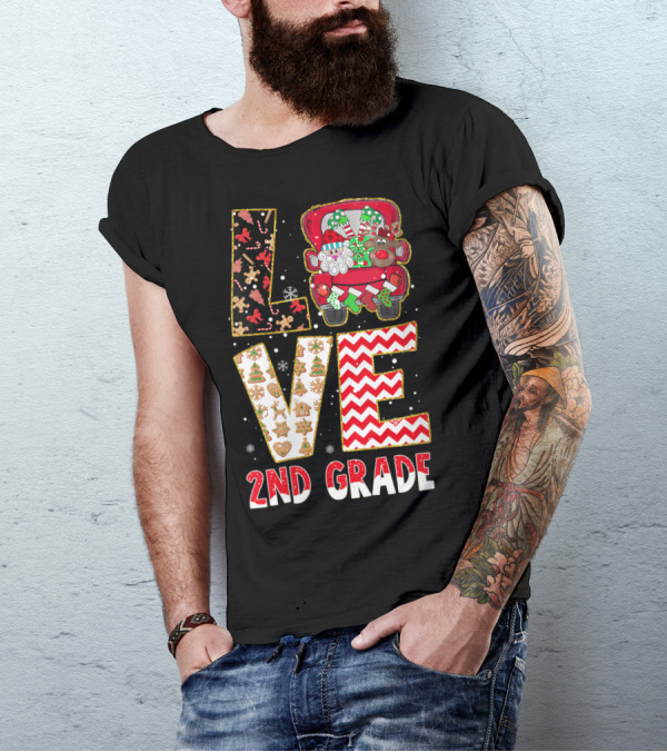 LOVE 2Nd Grade Christmas Gingerbread And Reindeer Truck Holiday T-Shirt
