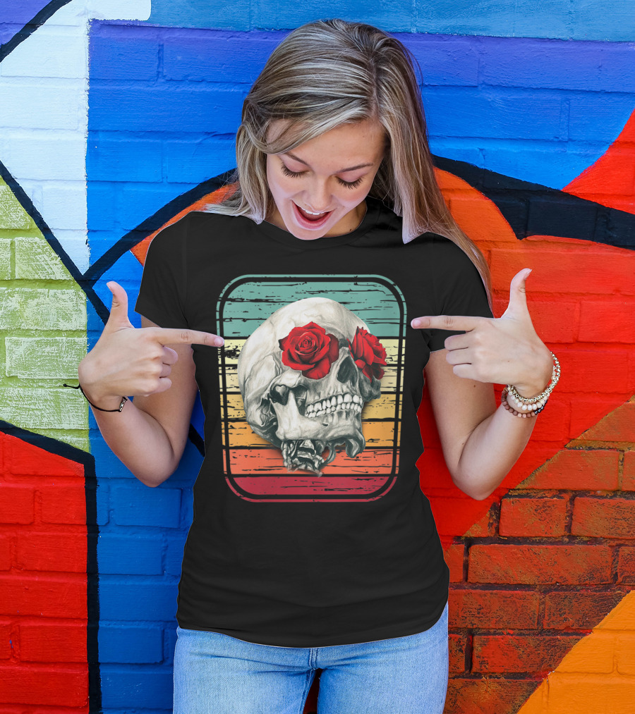 Vintage Skull With Roses On Retro T-Shirt