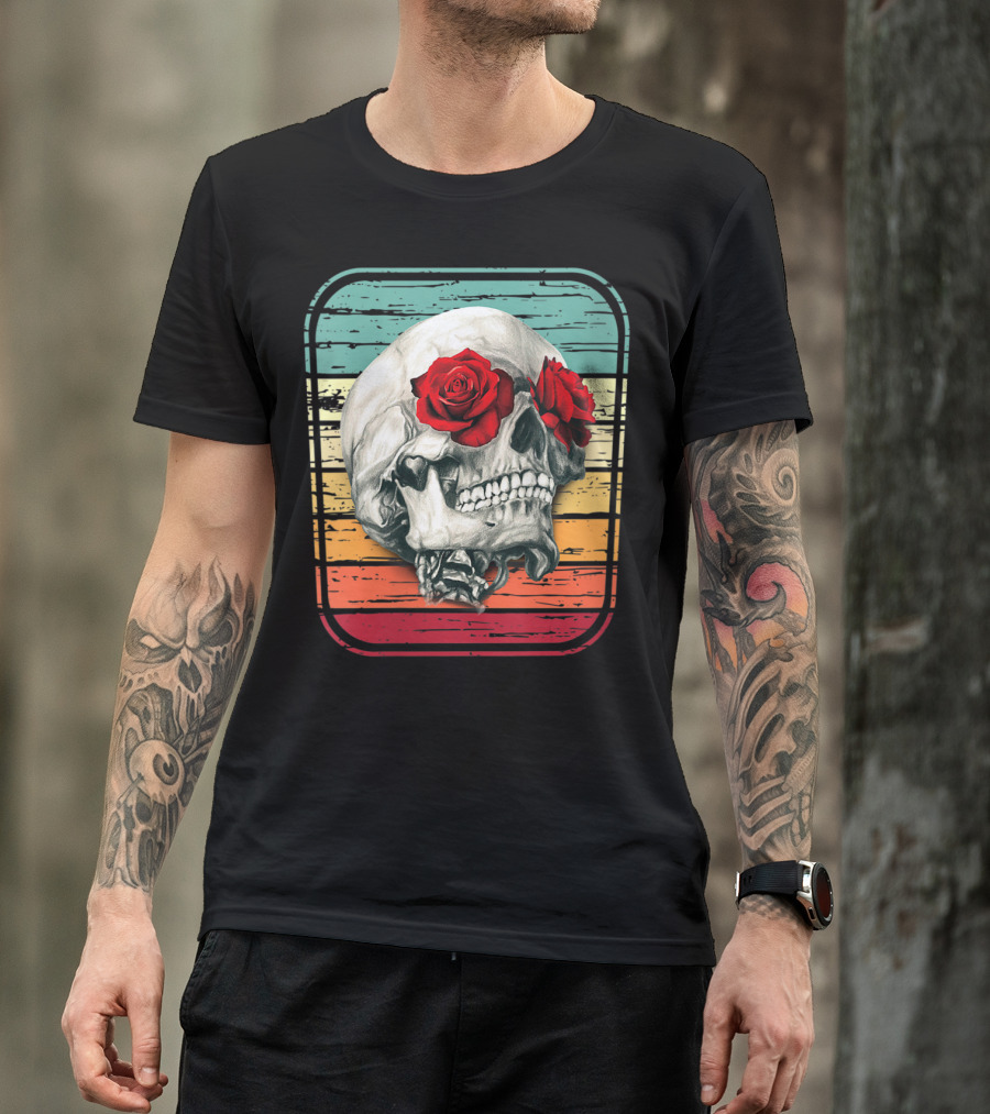 Vintage Skull With Roses On Retro T-Shirt