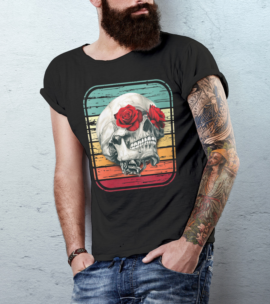 Vintage Skull With Roses On Retro T-Shirt
