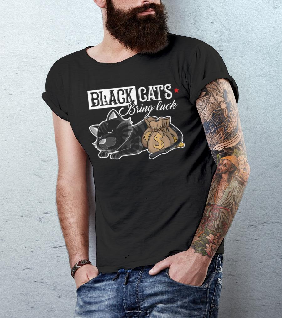 Black Cats Bring Luck With Money Bags And Sleeping Cat T-Shirt