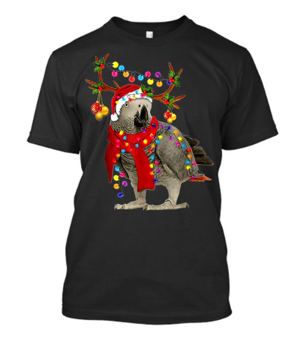 Funny African Grey Parrot Christmas Reindeer With Festive Lights And Santa Hat T-Shirt