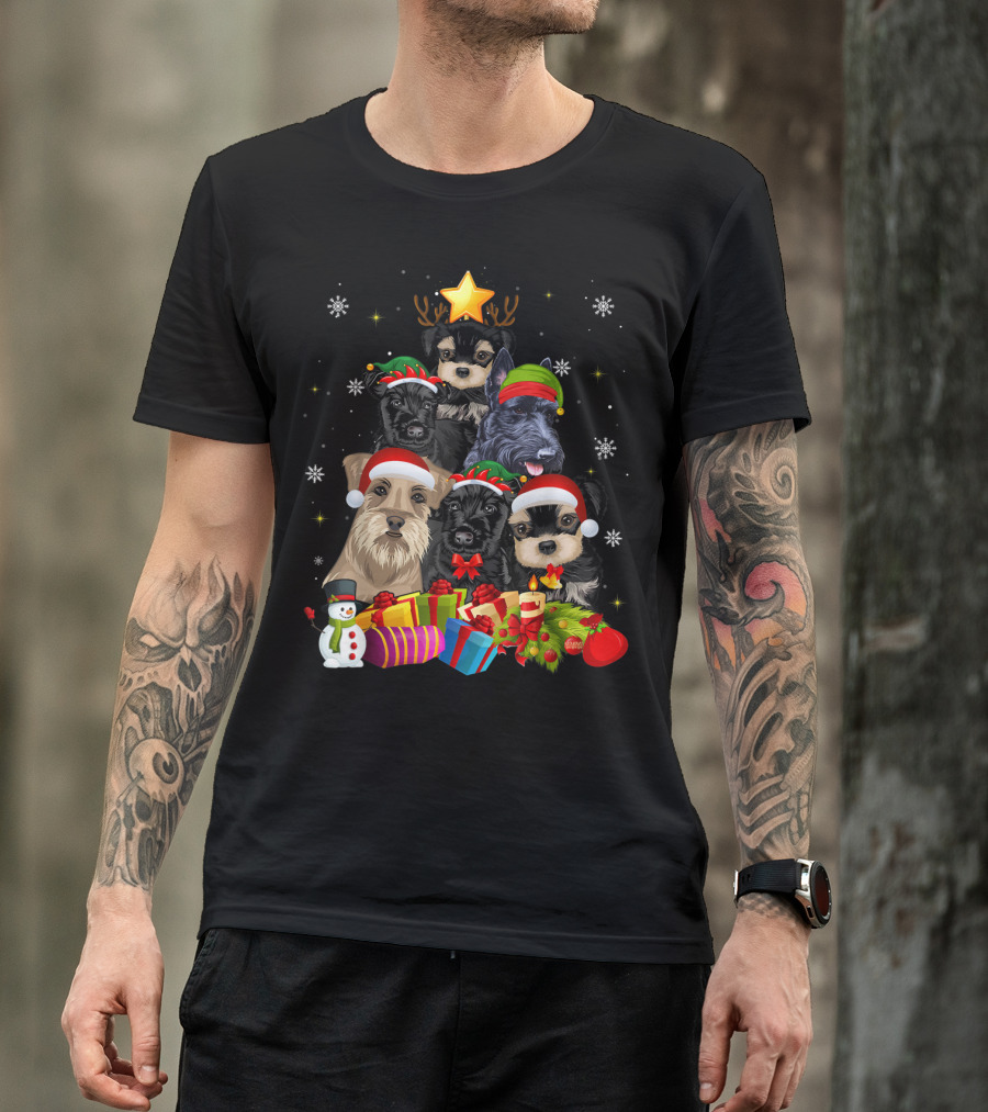 Funny Schnauzer Christmas Tree With Santa Hats And Holiday Gifts T-Shirt