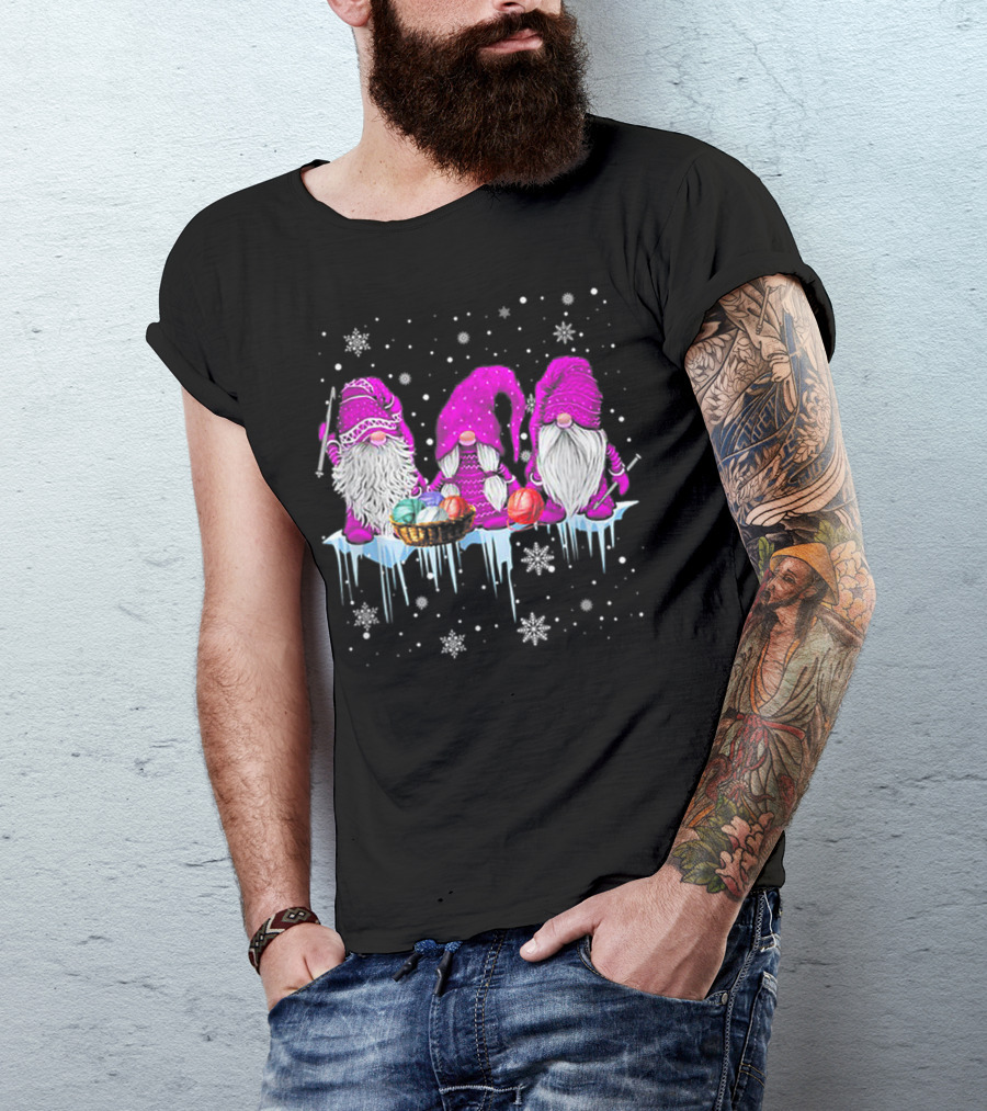 Hanging With Pink Gnomies Crochet Funny Gnome Snowflakes Winter Scene T-Shirt