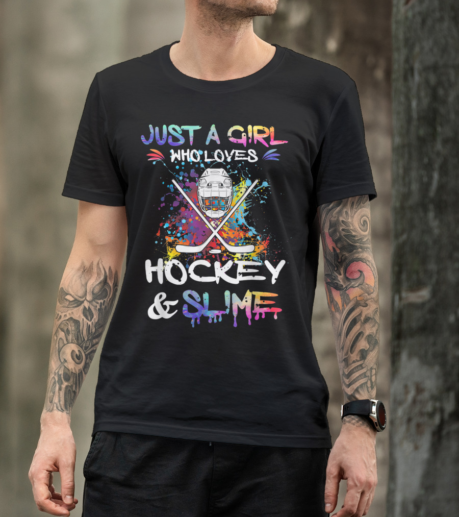Just A Girl Who Loves Hockey And Slime With Colorful Hockey Mask And Crossed Sticks T-Shirt