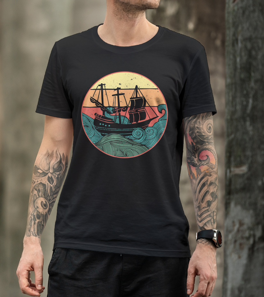 Sailboat Sailing Ship Sunset Waves T-Shirt