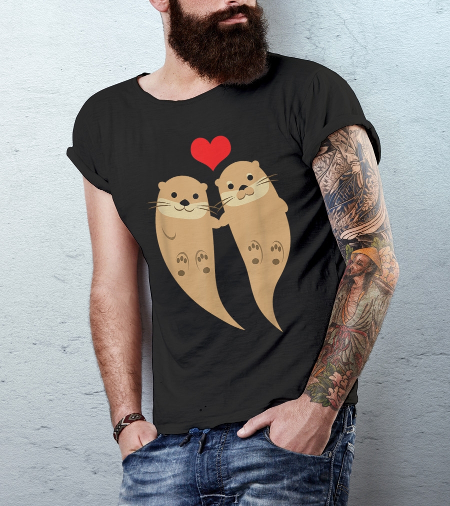 Two Cute Otters Holding Hands With Heart T-Shirt