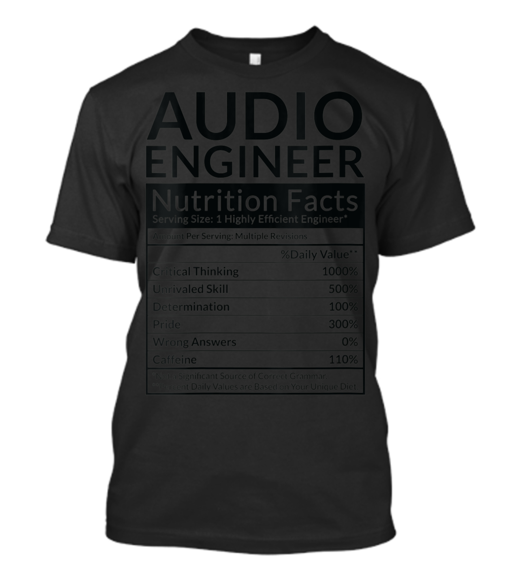 Audio Engineer Nutrition Facts Critical Thinking Unrivaled Skill Determination Pride Caffeine T-Shirt