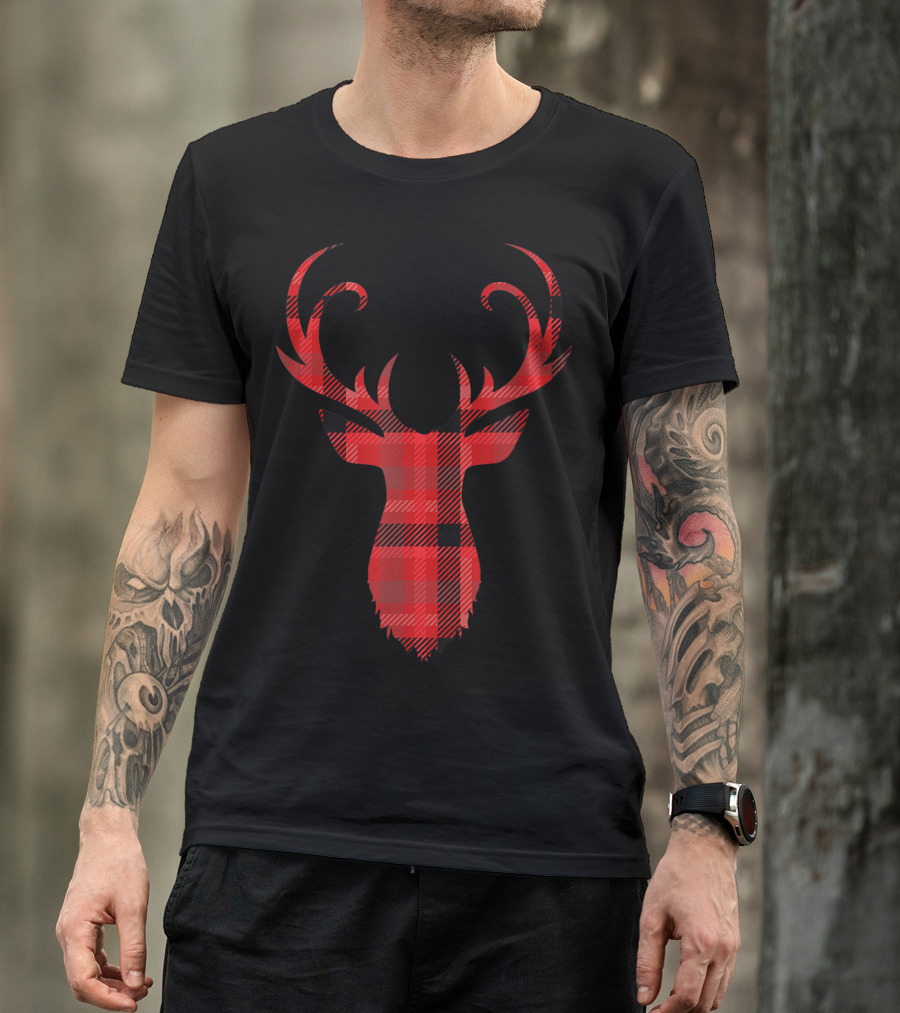 Classic Plaid Red Black Deer Head T-Shirt