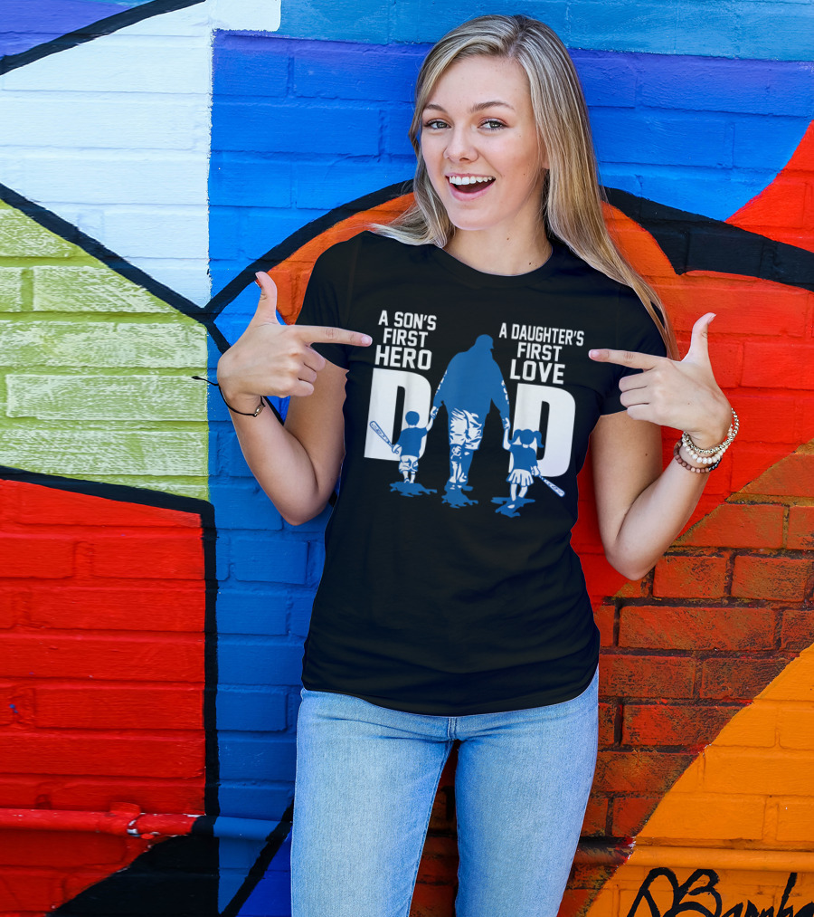 A Son's First Hero A Daughter's First Love Dad Baseball Bat Fatherhood Trio T-Shirt