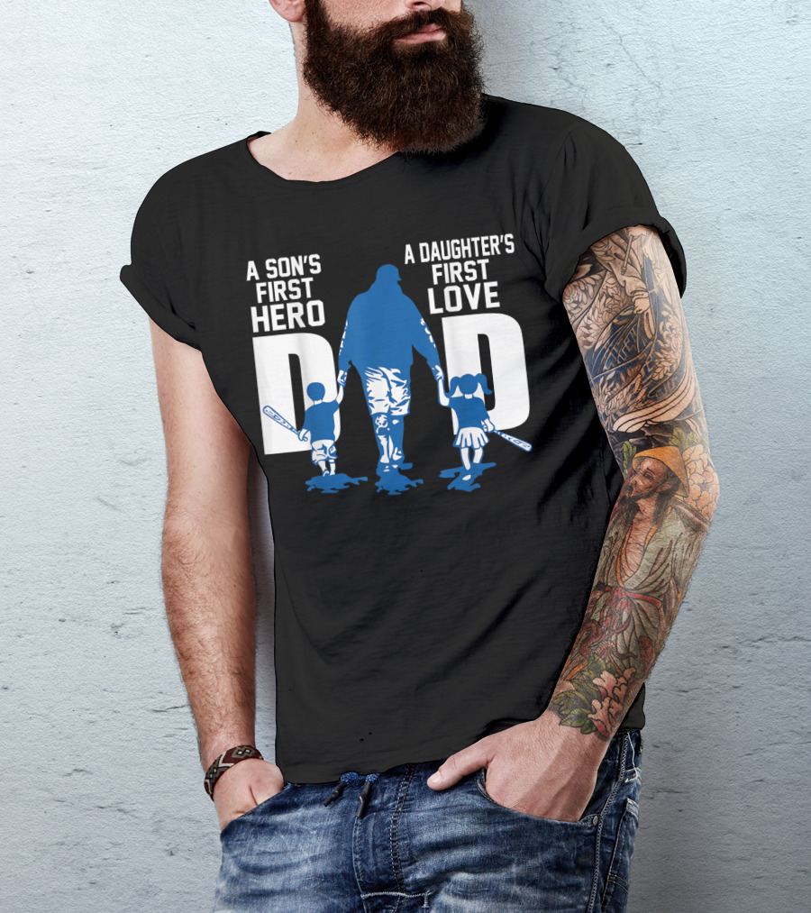 A Son's First Hero A Daughter's First Love Dad Baseball Bat Fatherhood Trio T-Shirt