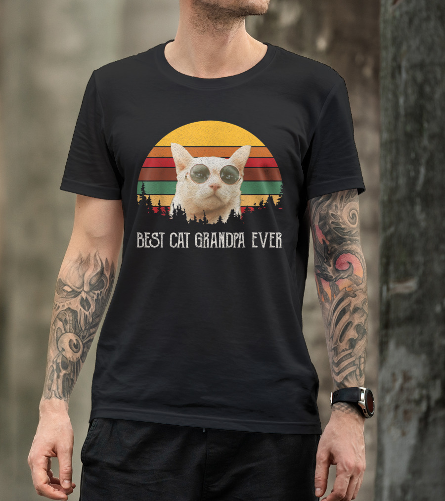 Best Cat Grandpa Ever Retro Cat With Sunglasses And Trees Vintage Sunset T-Shirt