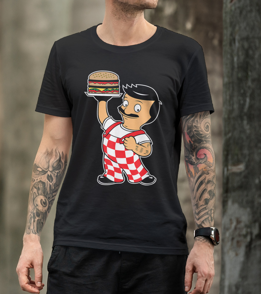 Big Bob Checkered Overalls Burger Mascot T-Shirt