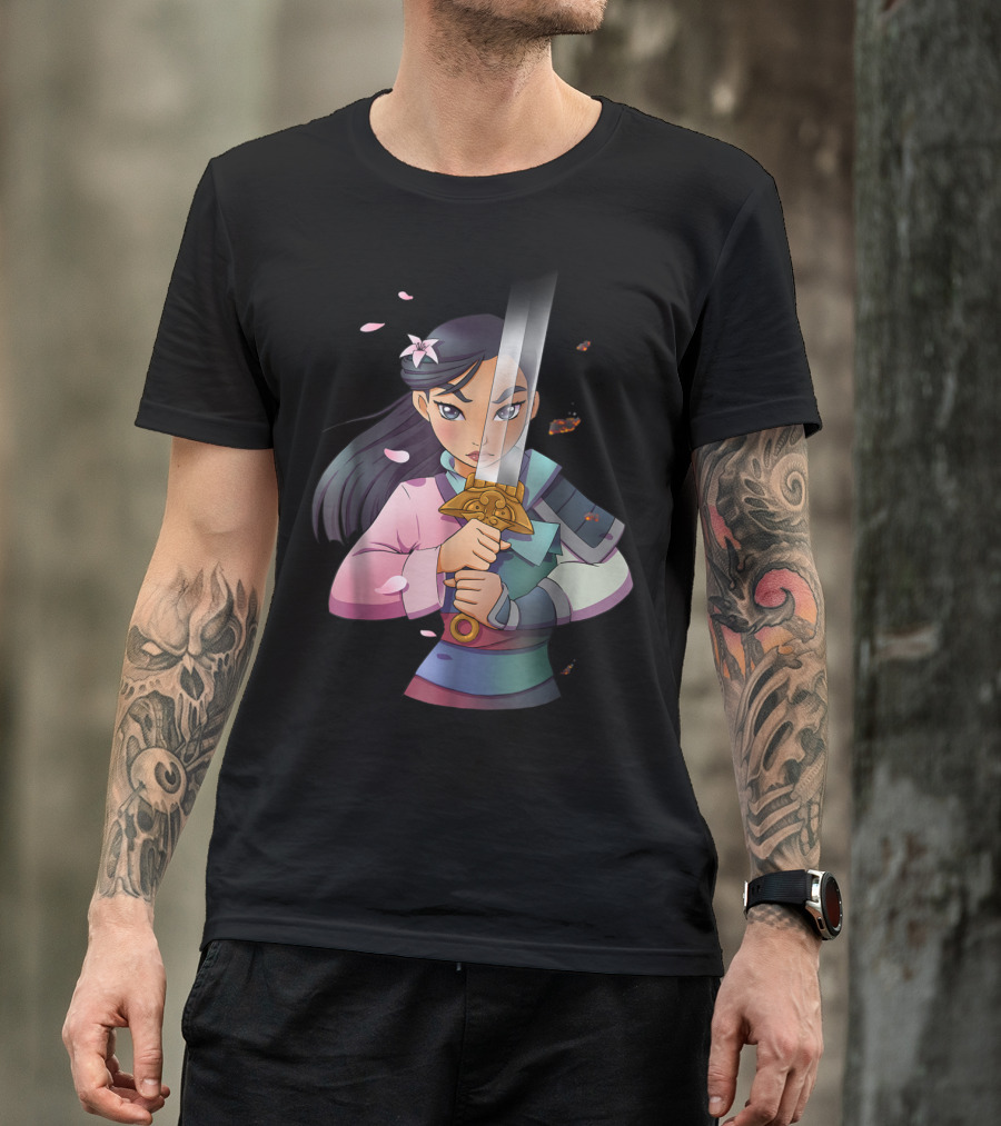 Disney Mulan Anime Half Girl Half Warrior Sword Blossoms T-Shirt