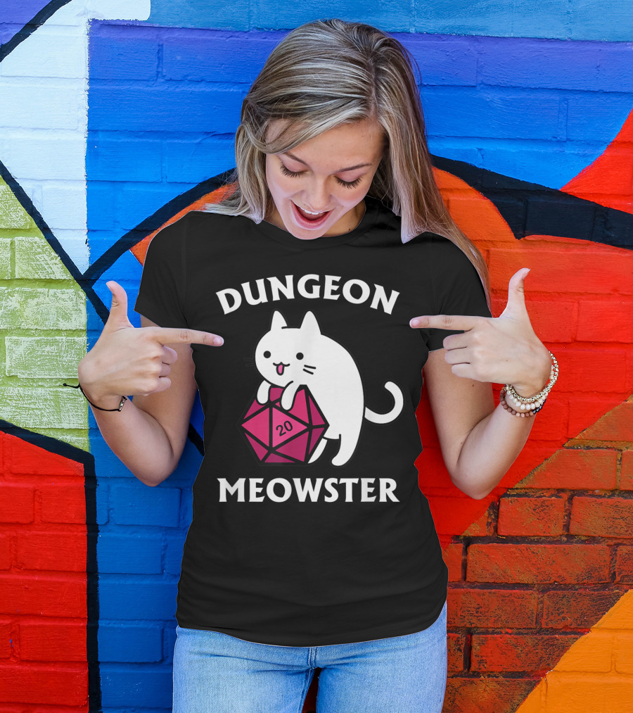 Dungeon Meowster Cat Hugging D20 Dice For Funny DnD Tabletop Gamer T-Shirt