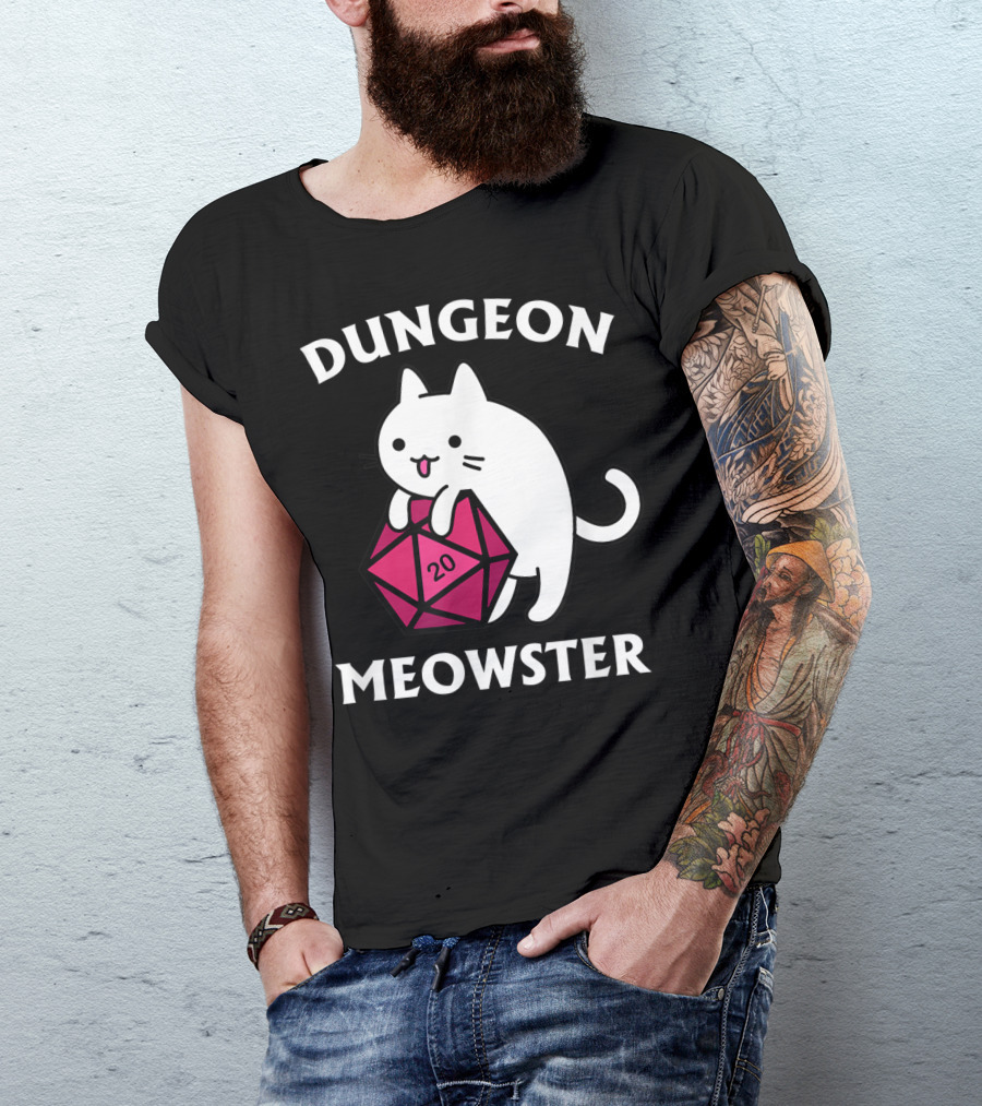 Dungeon Meowster Cat Hugging D20 Dice For Funny DnD Tabletop Gamer T-Shirt