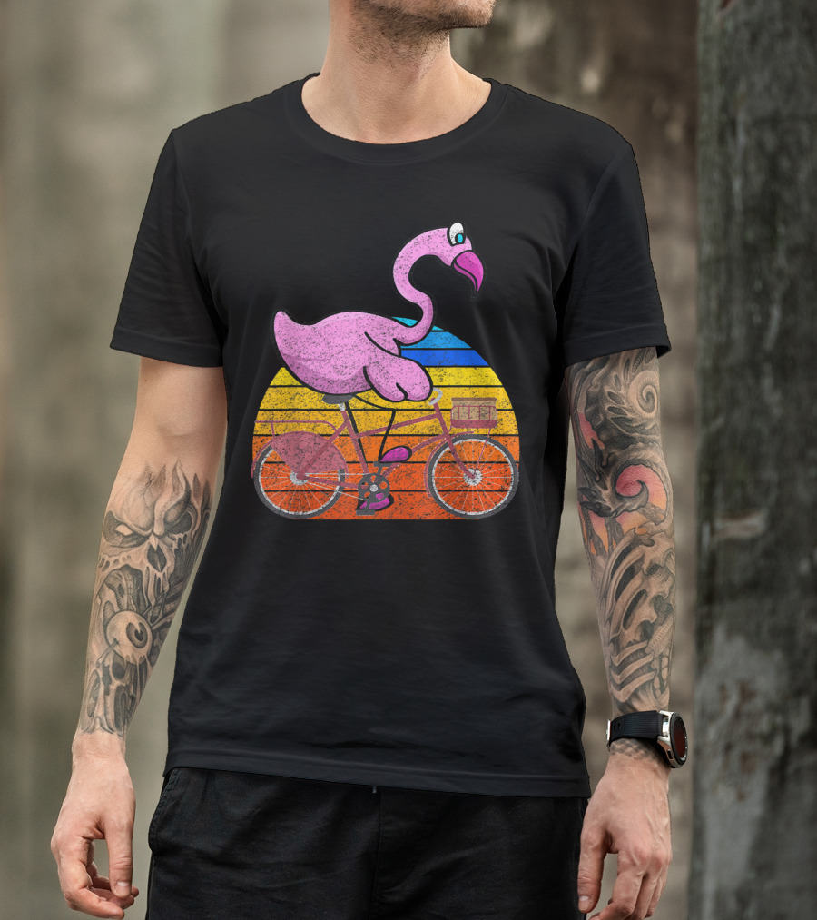 Flamingo Riding Bicycle Funny Retro Sunset T-Shirt