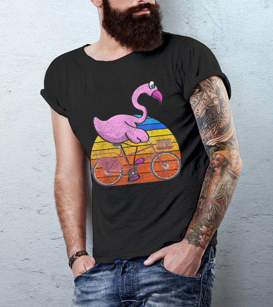 Flamingo Riding Bicycle Funny Retro Sunset T-Shirt