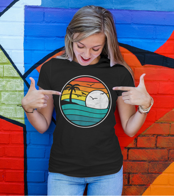 Retro Eighties Beach Sunset Surf Palm Waves T-Shirt