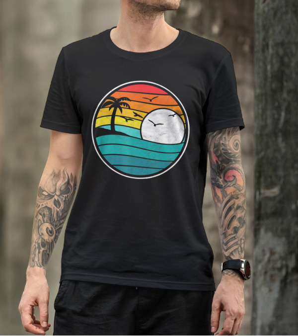 Retro Eighties Beach Sunset Surf Palm Waves T-Shirt