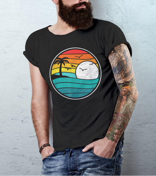 Retro Eighties Beach Sunset Surf Palm Waves T-Shirt