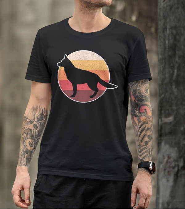 Vintage German Shepherd Silhouette With Retro Sunset Stripes T-Shirt