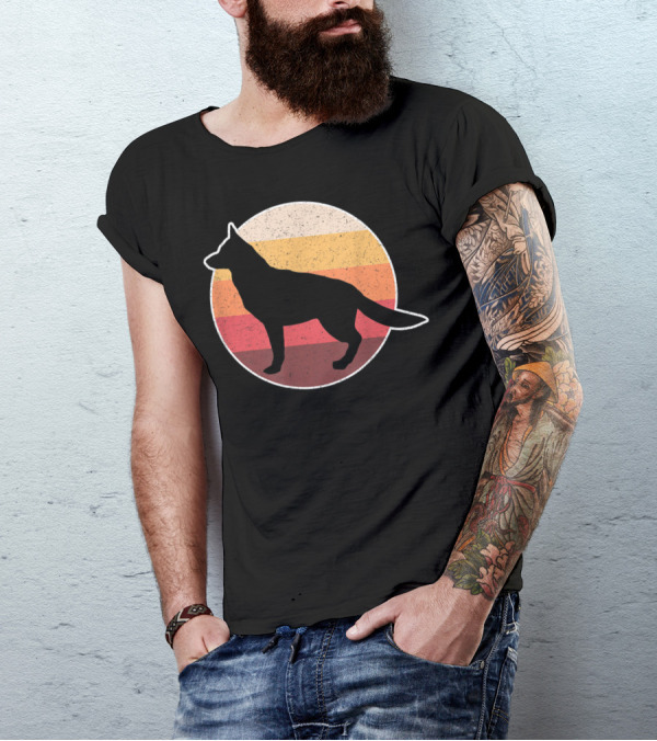 Vintage German Shepherd Silhouette With Retro Sunset Stripes T-Shirt