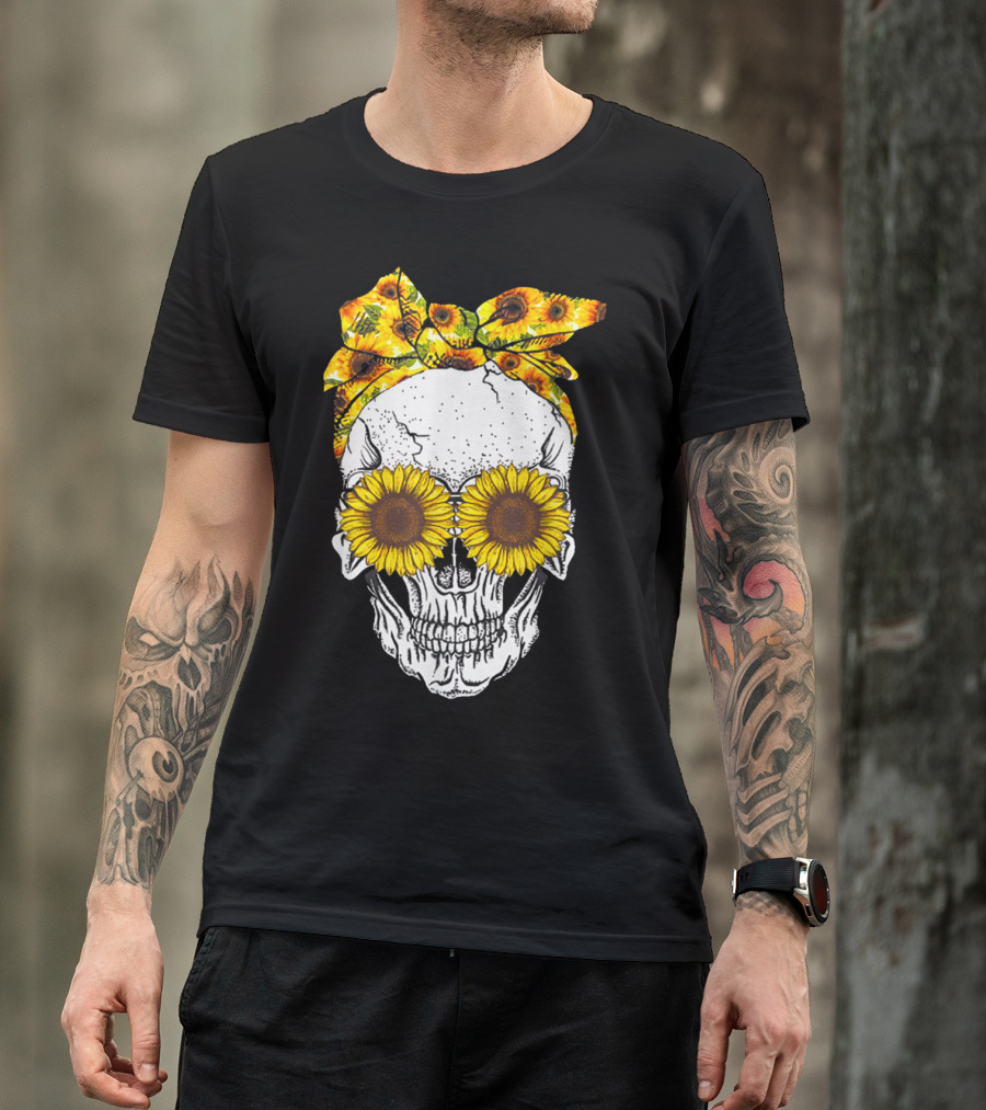 Skull With Sunflower Glasses And Floral Headband T-Shirt