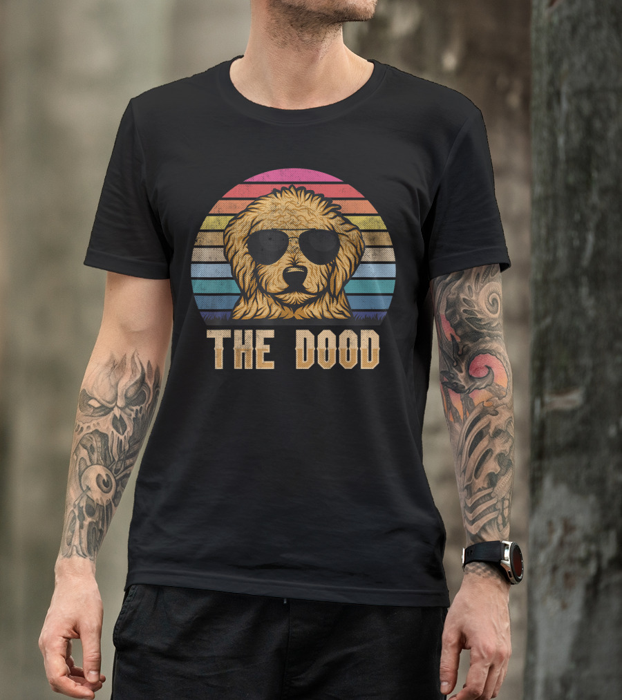 Retro Vintage Goldendoodle The Dood Dad Sunglasses Rainbow Stripes T-Shirt