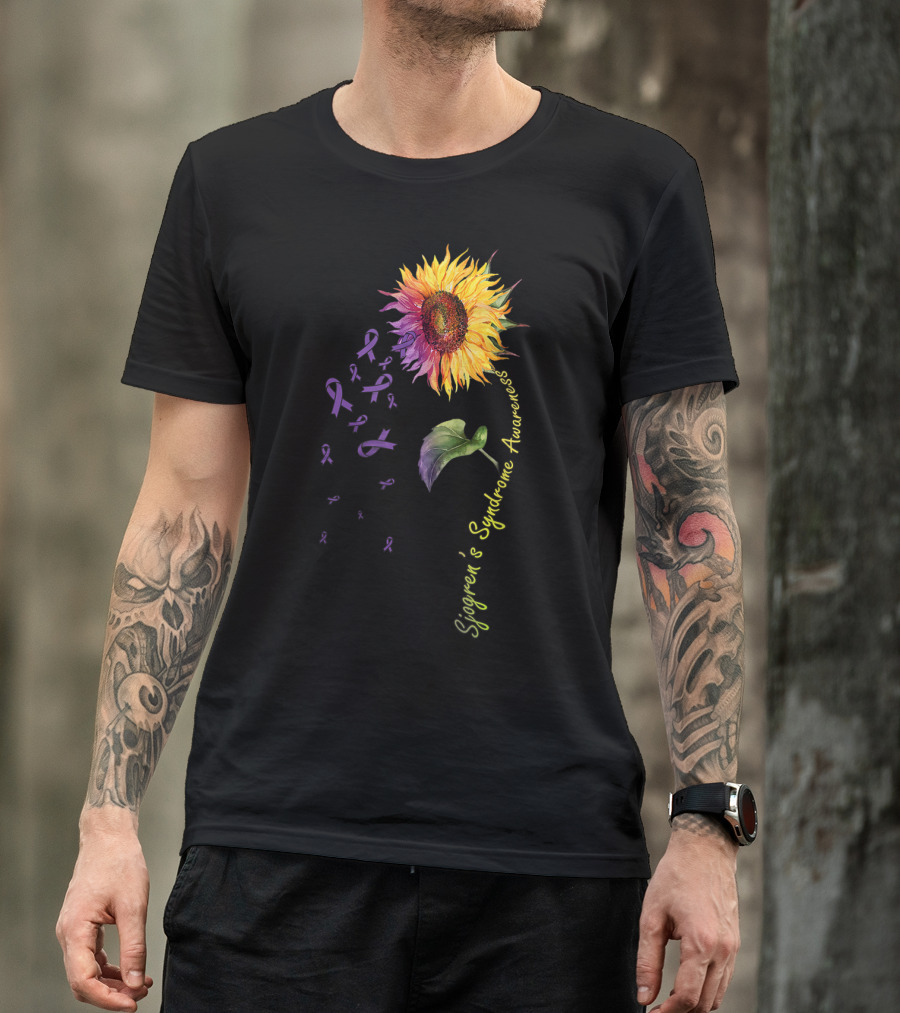 Sjogren's Syndrome Awareness Sunflower With Purple Ribbons T-Shirt