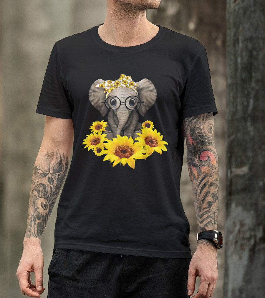 Sunflower Elephant For Woman Who Loves Elephant With Glasses And Floral Headband T-Shirt