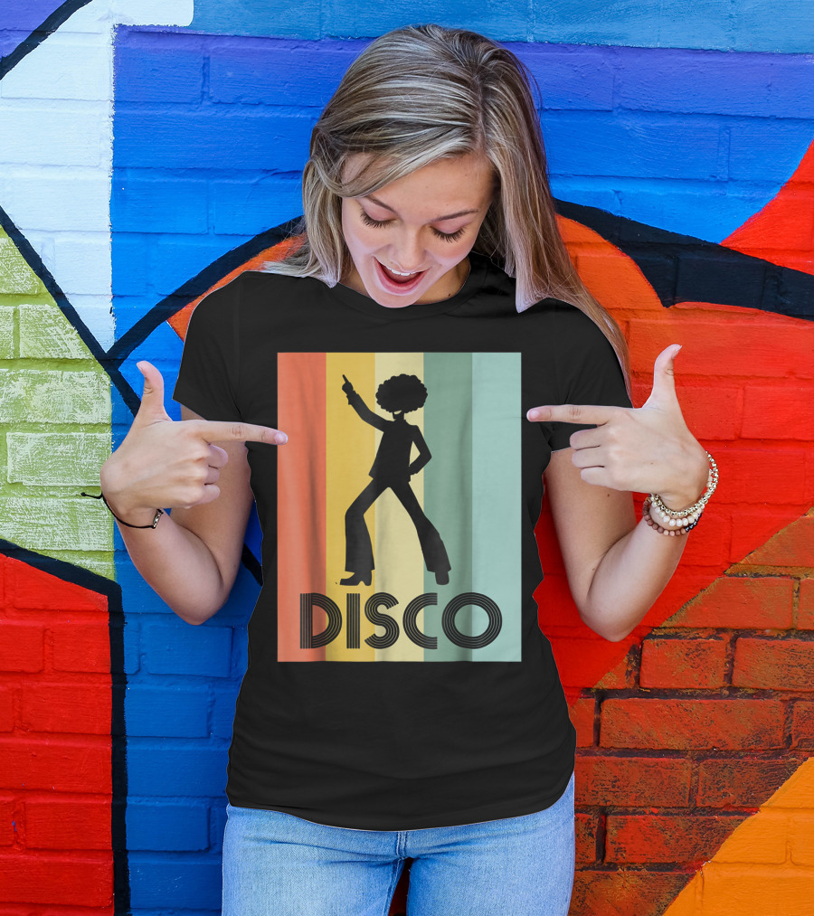 70s Disco Dancing Silhouette Retro Stripes T-Shirt