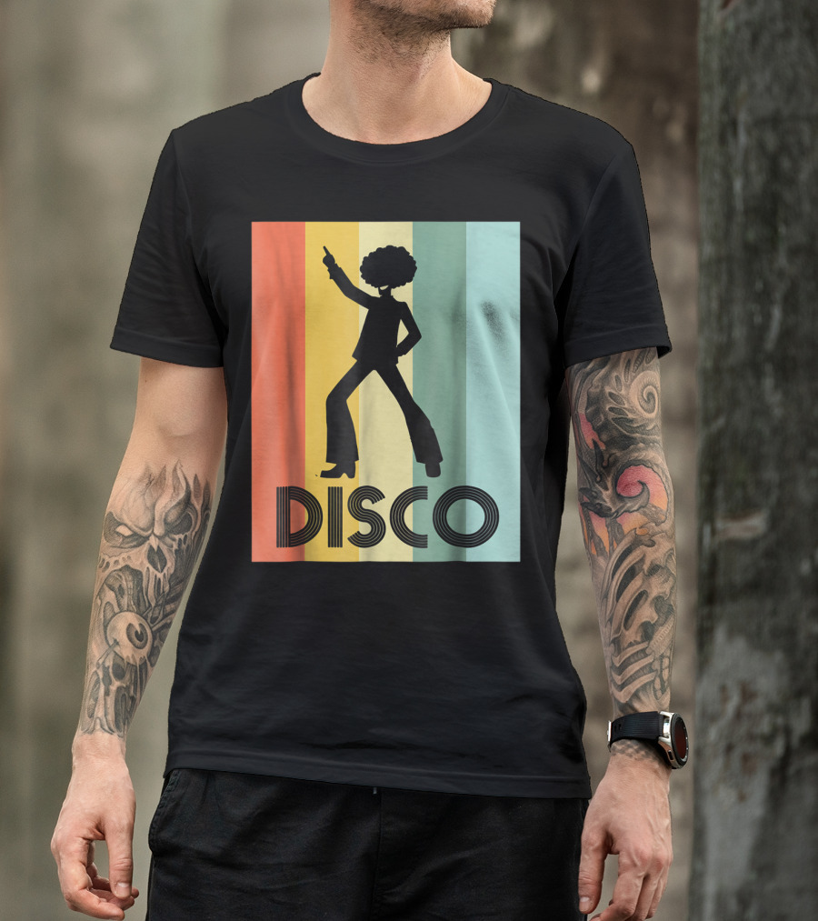 70s Disco Dancing Silhouette Retro Stripes T-Shirt