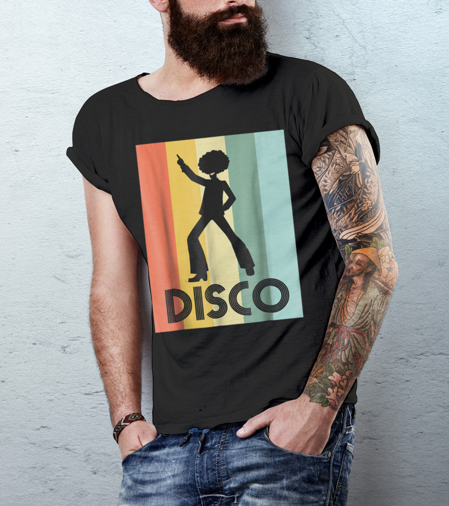 70s Disco Dancing Silhouette Retro Stripes T-Shirt