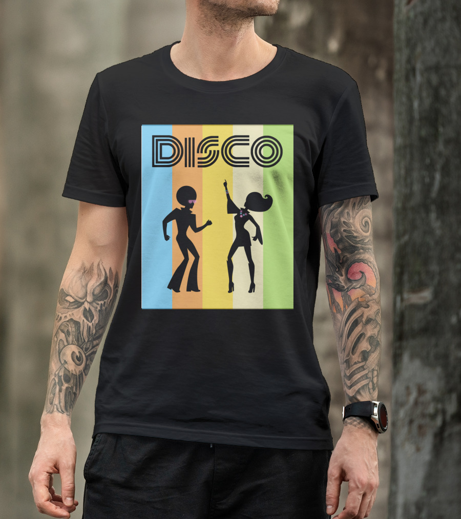 Disco Dancing 70s Disco Dancer With Silhouette And Retro Stripes T-Shirt