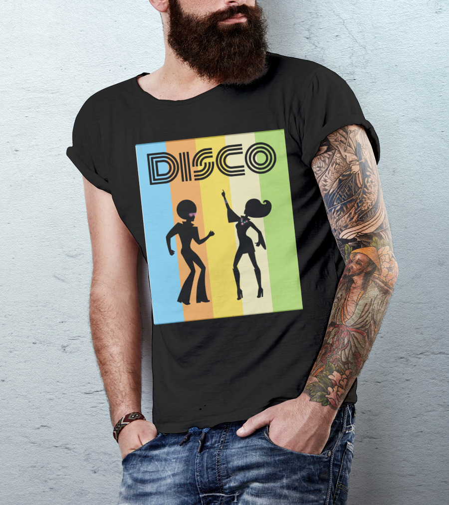 Disco Dancing 70s Disco Dancer With Silhouette And Retro Stripes T-Shirt