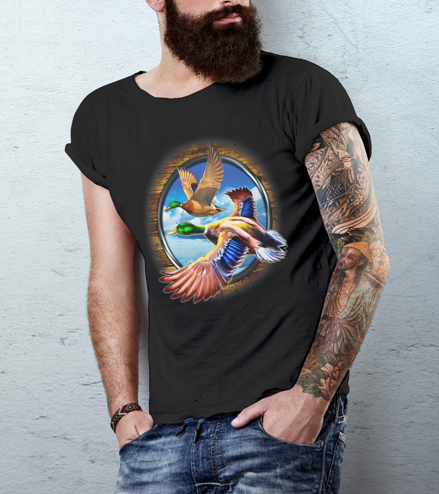Flying Duck Hunting Scene With Colorful Ducks In Motion T-Shirt