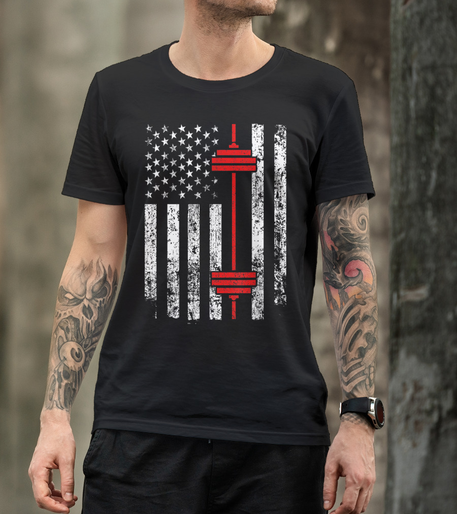 American Flag Barbell Weightlifting Fitness Strength T-Shirt