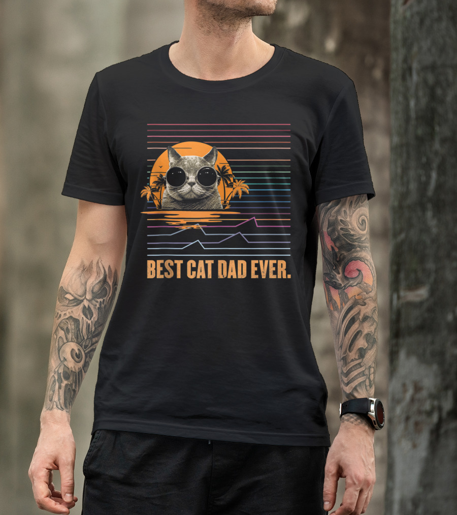Best Cat Dad Ever Retro Sunset Cat With Sunglasses And Palm Trees T-Shirt
