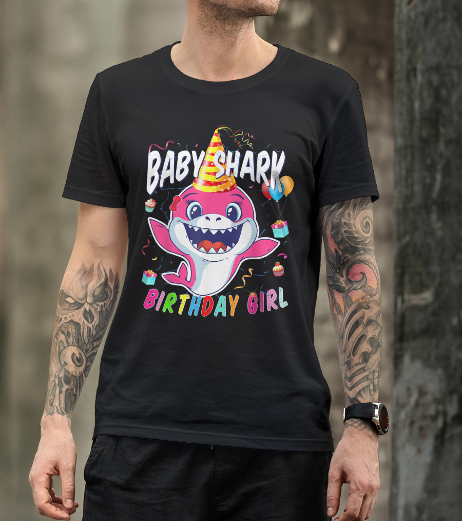 Baby Shark Birthday Girl Party Hat Balloons Cupcakes T-Shirt