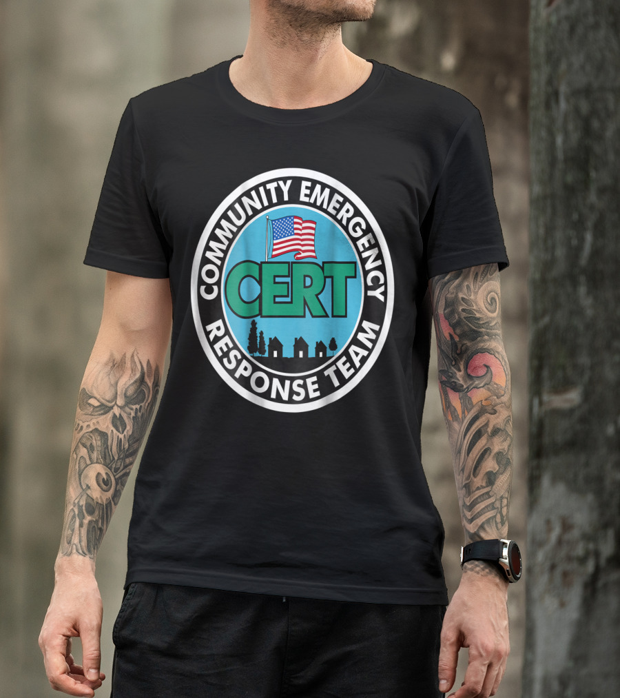 Community Emergency Response Team CERT American Flag Badge T-Shirt