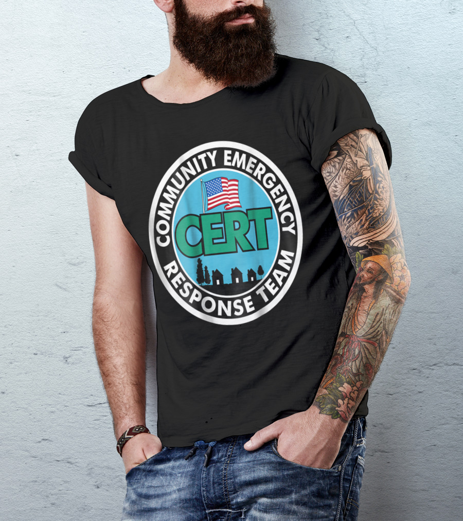 Community Emergency Response Team CERT American Flag Badge T-Shirt