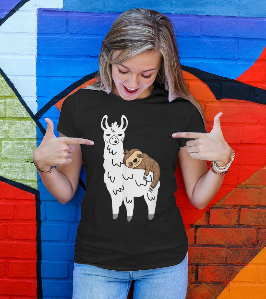 Funny Fluffy Sloth Hugging A Llama T-Shirt