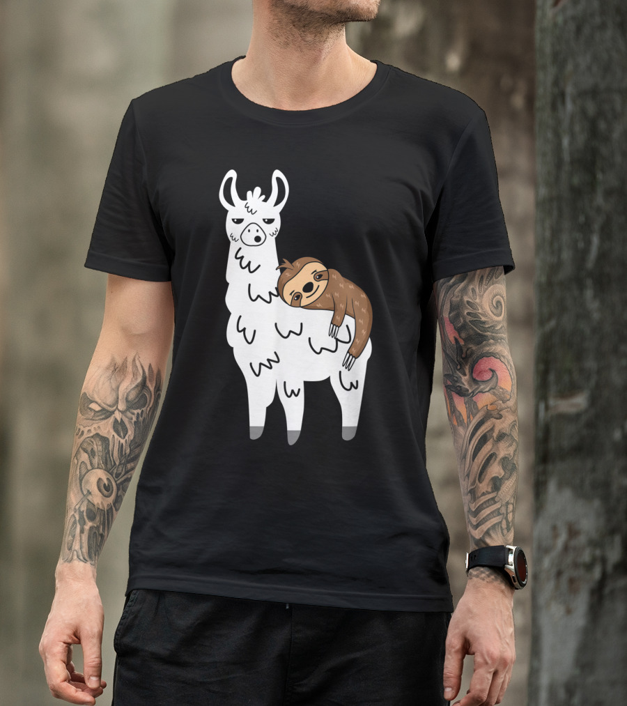 Funny Fluffy Sloth Hugging A Llama T-Shirt
