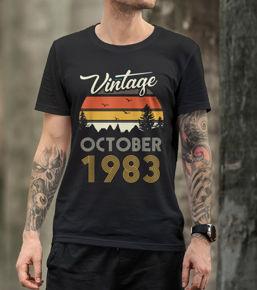 Vintage October 1983 Retro Sunset Pines And Birds T-Shirt