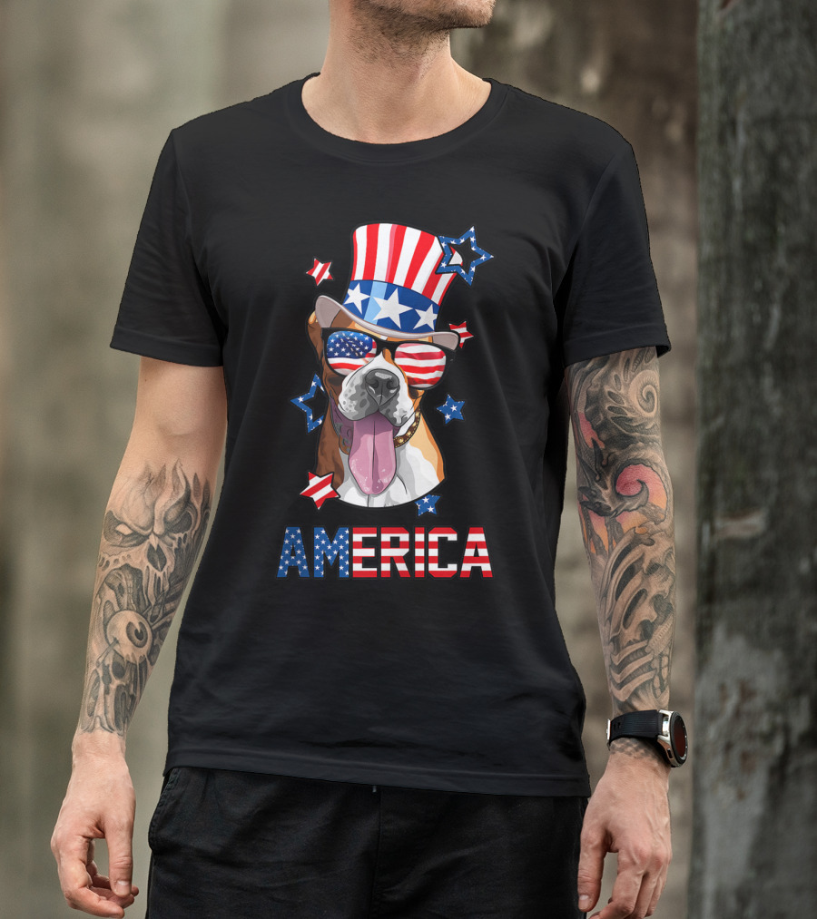 America Boxer Dog USA Flag Patriotic 4th Of July Mens Womens Owner T-Shirt