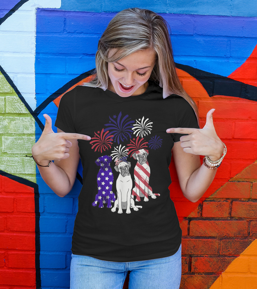 American Flag Boxer Dog Trio With Fireworks 4th Of July T-Shirt