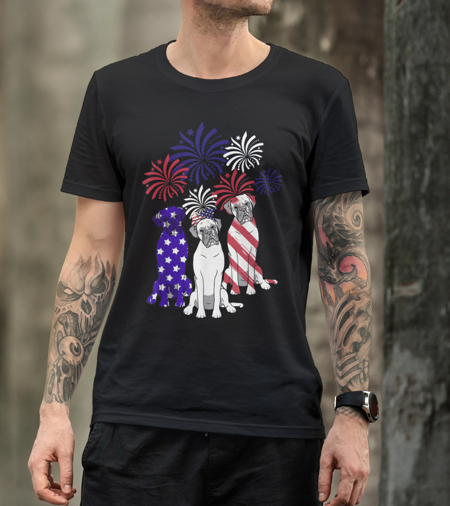 American Flag Boxer Dog Trio With Fireworks 4th Of July T-Shirt