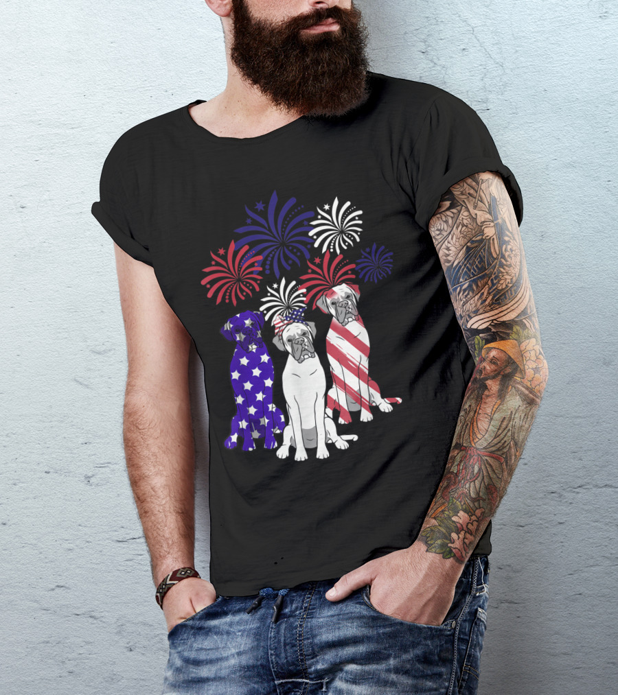American Flag Boxer Dog Trio With Fireworks 4th Of July T-Shirt