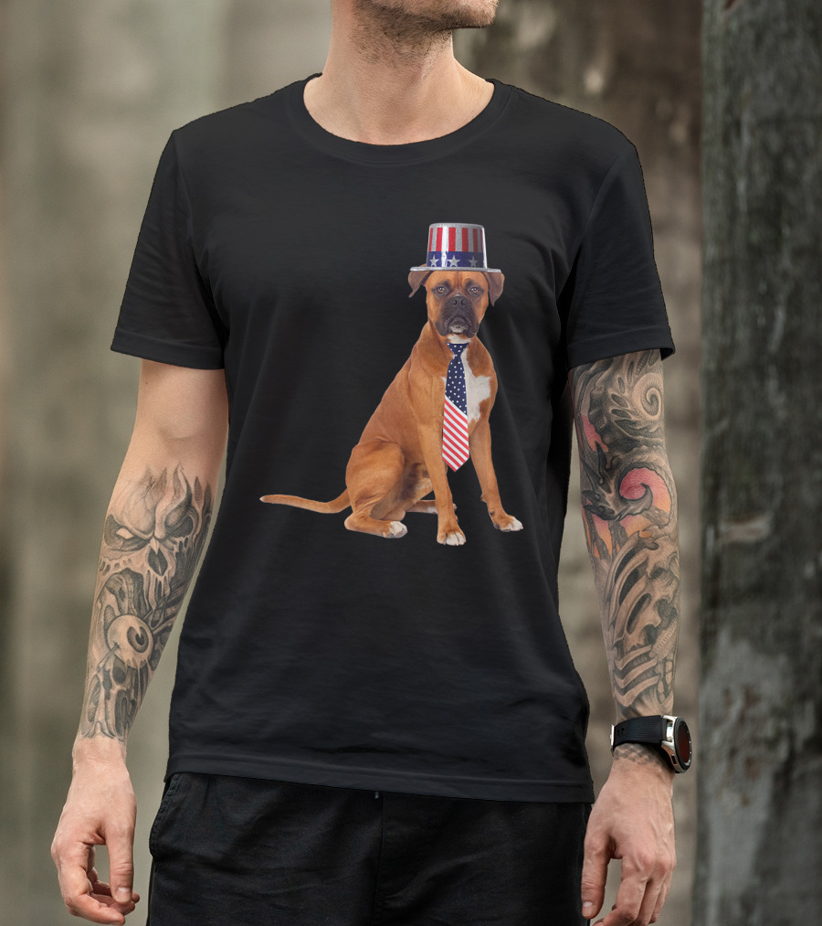 Boxer Dog In American Flag Top Hat And Tie For 4th Of July T-Shirt
